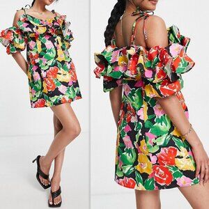 TOPSHOP Women Bold Floral Ruffle Bardot Mini Dress Cotton Blend Multi, Size 8